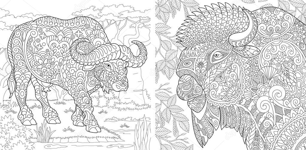 Coloring Pages. Coloring Book for adults. Colouring pictures with buffalo and bison. Antistress freehand sketch drawing with doodle and zentangle elements.