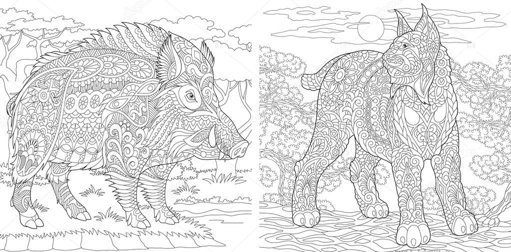 Coloring Pages. Coloring Book for adults. Colouring pictures with wildcat and wild boar. Antistress freehand sketch drawing with doodle and zentangle elements.