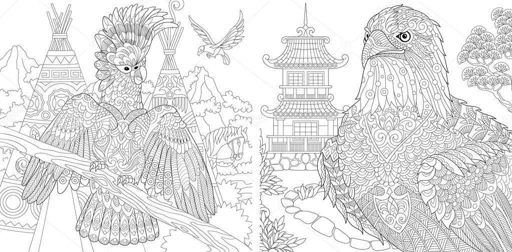 Coloring Pages. Coloring Book for adults. Colouring pictures with cockatoo and eagle. Antistress freehand sketch drawing with doodle and zentangle elements.