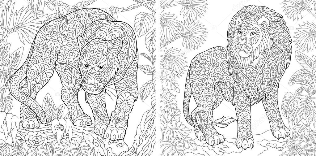 Coloring Pages. Coloring Book for adults. Colouring pictures with panther and lion. Antistress freehand sketch drawing with doodle and zentangle elements.