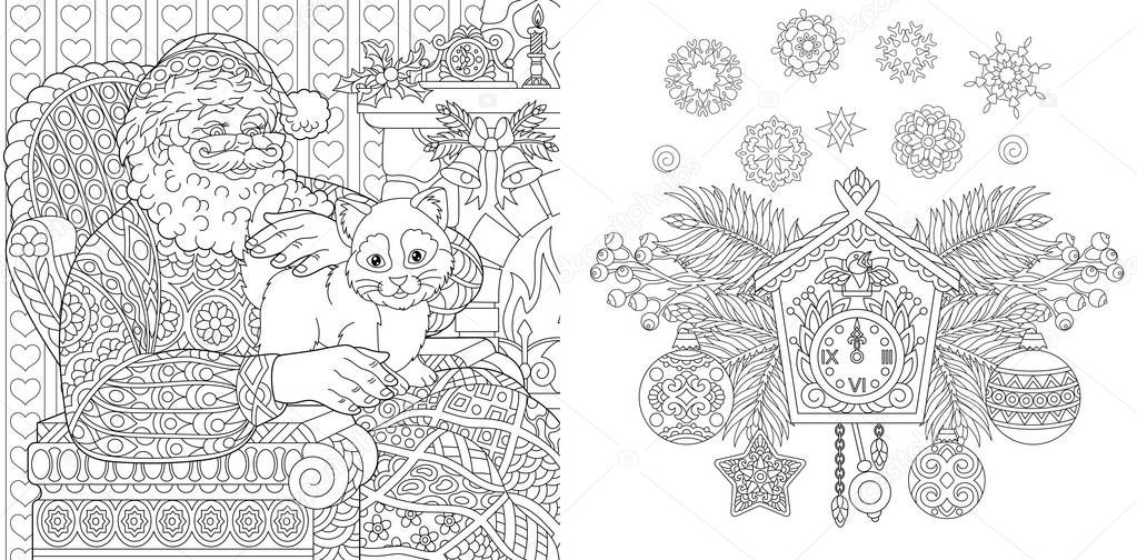 Christmas coloring book. Christmas colouring pages. Santa Claus with a cat in vintage style. New Year background. Xmas ornaments. 