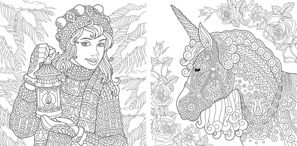 幻想着色页 成人彩书 着色与冬天的女孩和神奇的独角兽的照片 带涂鸦和带齿角元素的抗应力手绘素描 — 图库矢量图片