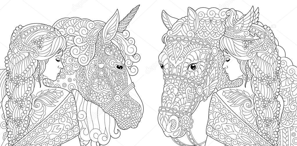 Coloring Pages. Coloring Book for adults. Colouring pictures with fantasy girl and unicorn horse drawn in zentangle style. Vector illustration.