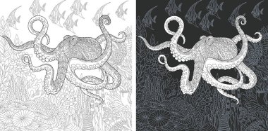 Boyama sayfası. Boyama kitabı. Boyama resimle zentangle tarzda çizilmiş ahtapot. Antistress serbest kroki çizim. Vektör çizim.