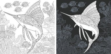 Boyama sayfası. Boyama kitabı. Boyama resimle zentangle tarzda çizilmiş yelken balığı. Antistress serbest kroki çizim. Vektör çizim.