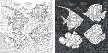 Boyama sayfası. Boyama kitabı. Boyama resim ile tropikal balıkçı zentangle tarzda çizilmiş. Antistress serbest kroki çizim. Vektör çizim.