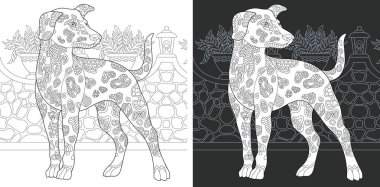 Boyama sayfası. Boyama kitabı. Dalmaçya köpeği zentangle tarzda çizilmiş resim boyama. Antistress serbest kroki çizim. Vektör çizim.
