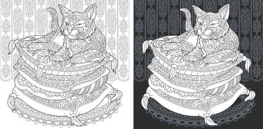 Boyama sayfası. Boyama kitabı. Zentangle tarzda çizilmiş kedi boyama resimle. Antistress serbest kroki çizim. Vektör çizim.