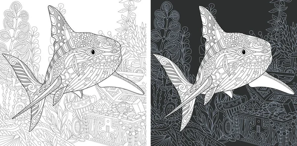 Забарвлення Сторінки Книжка Розмальовка Фарбування Зображення Акула Нічия Zentangle Стилі — стоковий вектор