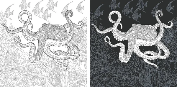 Kleurplaat Kleurboek Kleuren Foto Met Octopus Getrokken Zentangle Stijl Stressprogramma — Stockvector