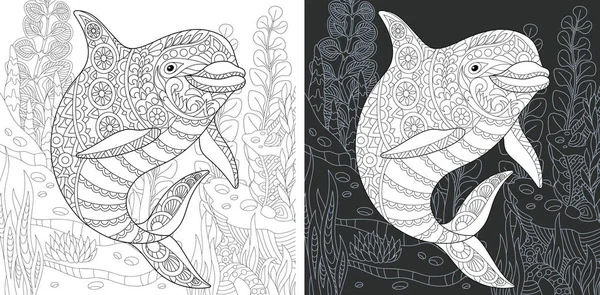 Omalovánky Vybarvování Omalovánek Vybarvení Obrázek Delfínem Zentangle Stylu Antistresová Ruky — Stockový vektor