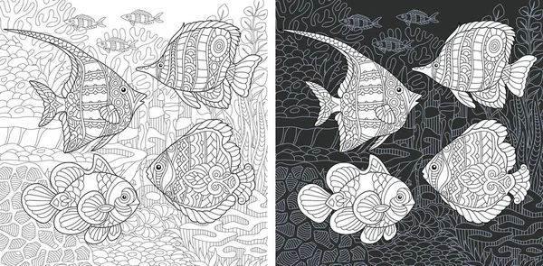 Omalovánky Vybarvování Omalovánek Vybarvení Obrázek Nakreslenou Zentangle Stylu Tropických Ryb — Stockový vektor