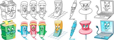 Office stationery set. Cartoon coloring drawing characters. clipart