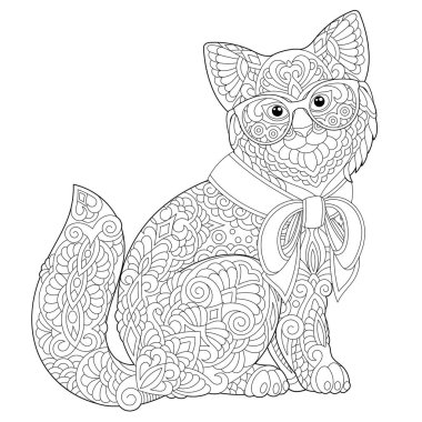 Boyama sayfası. Anti stres boyama resim ile kedi. Serbest kroki Doodle ve zentangle öğeleri ile çizim.