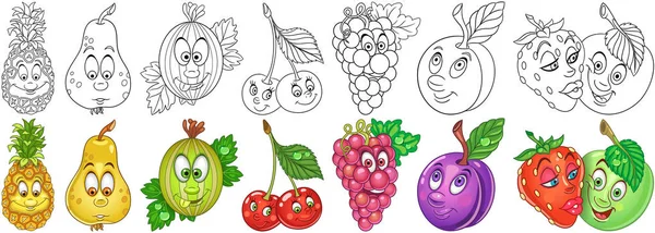Σύνολο Φρούτα Κινούμενα Σχέδια Χρωματισμός Φρούτα Χαρακτήρες — Διανυσματικό Αρχείο