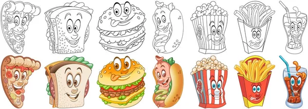 Set Comida Rápida Personajes Comida Para Colorear Dibujos Animados — Vector de stock