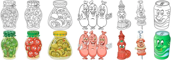 Zestaw Jedzenie Domu Sprzęt Grillowania Kolorowanie Znaków Jedzenie Kreskówka — Wektor stockowy