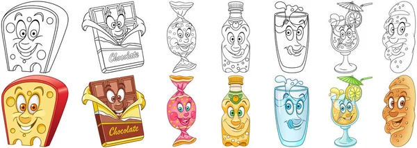 Food Drinks Set Cartoon Coloring Food Characters — Stock Vector