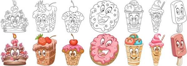 Ensemble Desserts Sucrés Cartoon Coloriage Pâtisserie Personnages Alimentaires — Image vectorielle