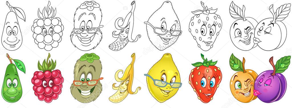 Fruits set. Cartoon coloring fruit characters.