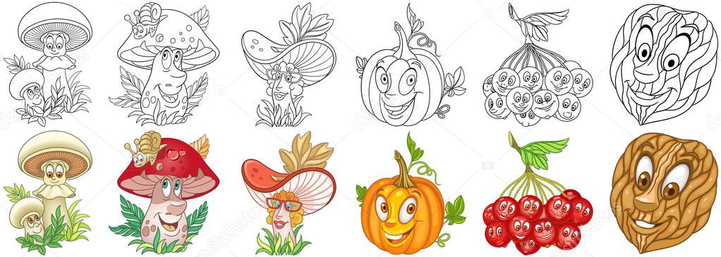 Forest and garden plants set. Cartoon coloring mushrooms, berries, nuts and pumpkin characters.