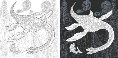 Boyama sayfası. Dinozor koleksiyonu. Zentangle tarzda çizilmiş Plesiosaurus ile boyama resmi. 