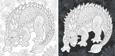 Boyama sayfası. Dinozor koleksiyonu. Zentangle tarzda çizilmiş Ankylosaurus ile boyama resmi. 