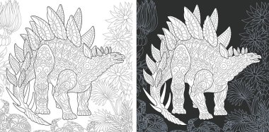 Boyama sayfası. Dinozor koleksiyonu. Zentangle tarzda çizilmiş Stegosaurus ile boyama resmi. 