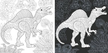 Boyama sayfası. Dinozor koleksiyonu. Zentangle tarzda çizilmiş Spinosaurus ile boyama resmi.