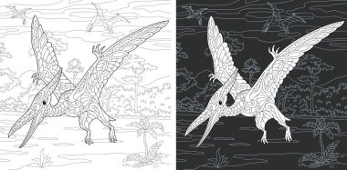 Boyama sayfası. Dinozor koleksiyonu. Zentangle tarzda çizilmiş Pterodactyl ile boyama resmi. 