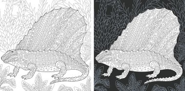 Boyama sayfası. Dinozor koleksiyonu. Zentangle tarzda çizilmiş Dimetrodon ile boyama resmi. 