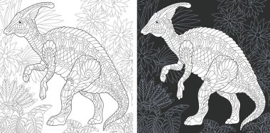 Boyama sayfası. Dinozor koleksiyonu. Zentangle tarzda çizilmiş kireç ile boyama resmi. 