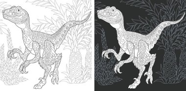 Boyama sayfası. Dinozor koleksiyonu. Zentangle tarzda çizilmiş Raptor ile boyama resmi. 
