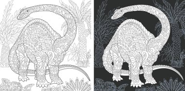 Boyama sayfası. Dinozor koleksiyonu. Brontosaurus zentangle tarzda çizilmiş ile boyama resmi. 