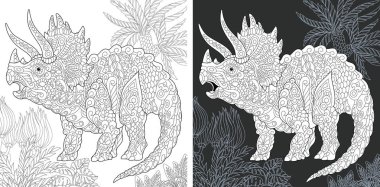 Boyama sayfası. Dinozor koleksiyonu. Zentangle tarzda çizilmiş Triceratops ile boyama resmi. 