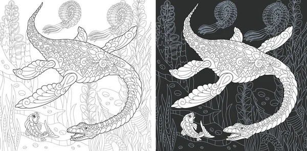 Kleurplaat Dinosaur Collectie Kleuren Van Foto Met Plesiosaurus Getrokken Zentangle — Stockvector