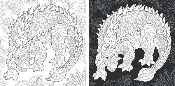 Farvelægning Dinosaur Kollektion Farvebillede Med Ankylosaurus Tegnet Zentangle Stil – Stock-vektor