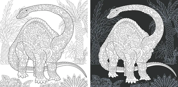 Boyama sayfası. Dinozor koleksiyonu. Brontosaurus zentangle tarzda çizilmiş ile boyama resmi. 