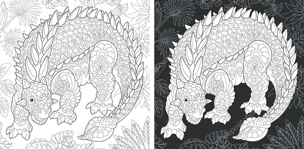 Coloring Page. Dinosaur collection. Colouring picture with Ankylosaurus drawn in zentangle style. 