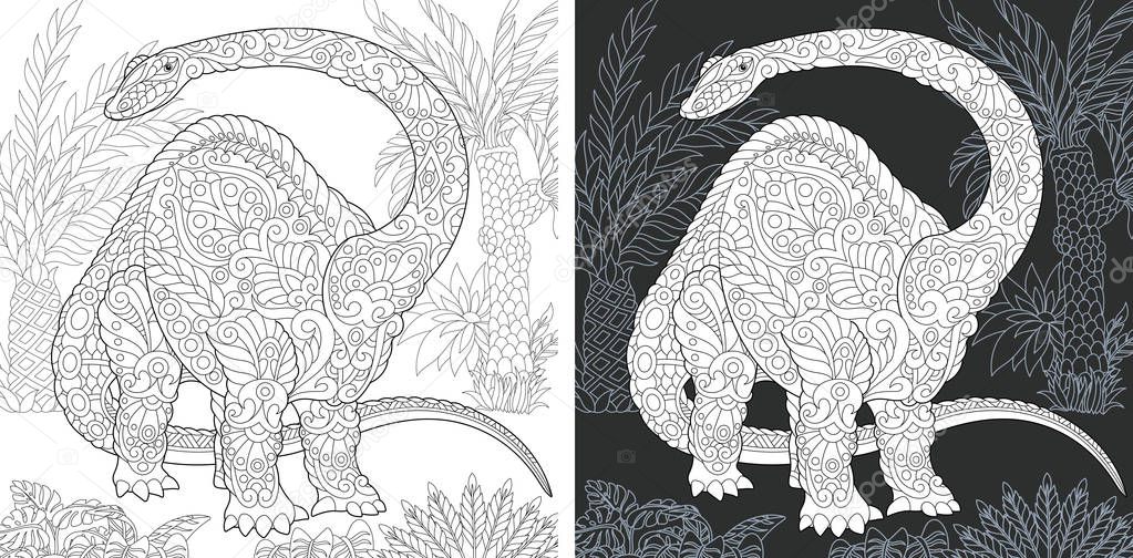 Coloring Page. Dinosaur collection. Colouring picture with Brontosaurus drawn in zentangle style. 