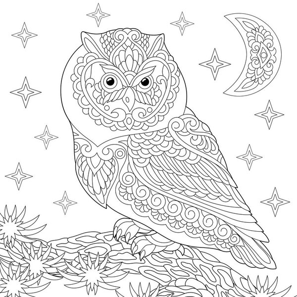 Coloring page. Coloring book. Anti stress colouring picture with owl. Freehand sketch drawing with doodle and zentangle elements.