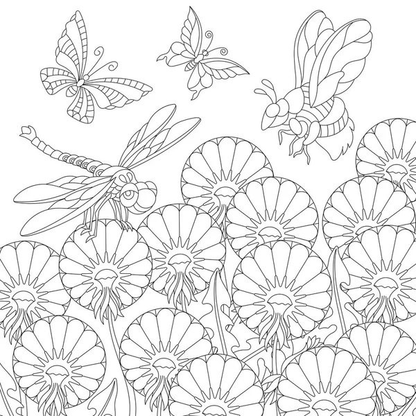 Zentangle Målarbok Färga Bilden Med Fjäril Dragonfly Honungsbiet Och Maskros — Stock vektor