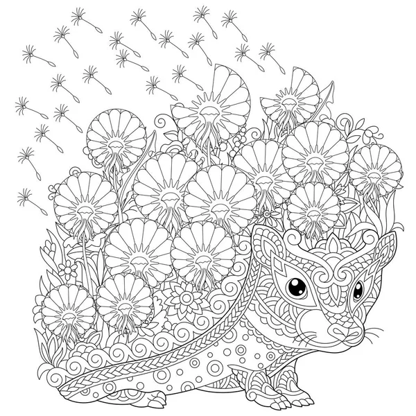 Página Para Colorear Zentangle Cuadro Para Colorear Con Erizo Flores — Vector de stock