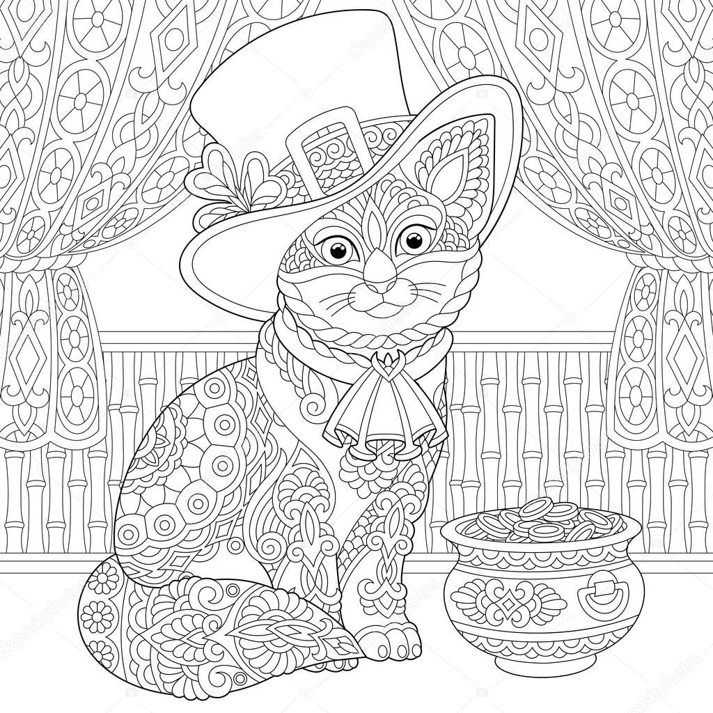 St. Patrick Day coloring page. Colouring picture with cat in leprechaun costume. Freehand sketch drawing for zentangle adult coloring book.