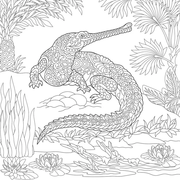 Coloriage de crocodile gharial zentangle — Image vectorielle