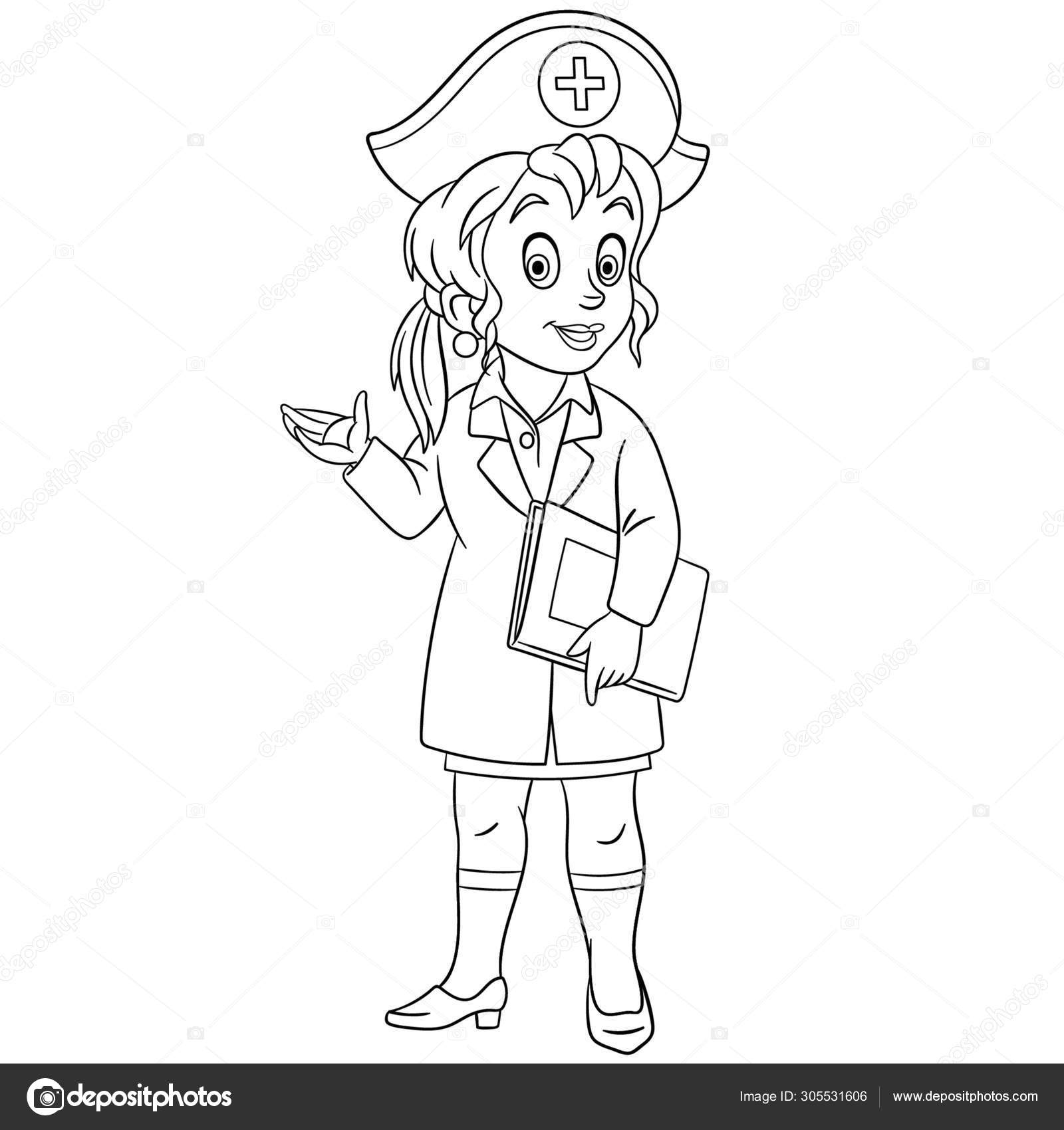 Livro de colorir para crianças personagem de desenho animado menino médico