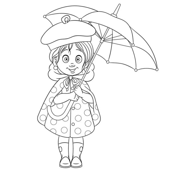 Coloring page with girl and umbrella — Stock Vector