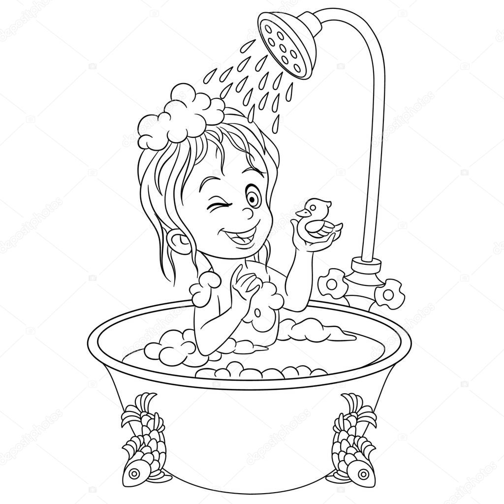 coloring page with girl in bathroom taking a shower