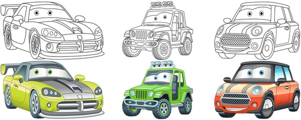 Coches Dibujos Animados Páginas Para Colorear Para Niños Personajes Coloridos — Vector de stock