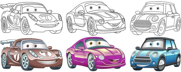 Cartoon Cars Coloring Pages Kids Colorful Clipart Characters Childish Designs — Stock Vector